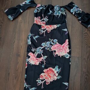 True Violet (ASOS) Floral Off-Shoulder Deep Blue Dress